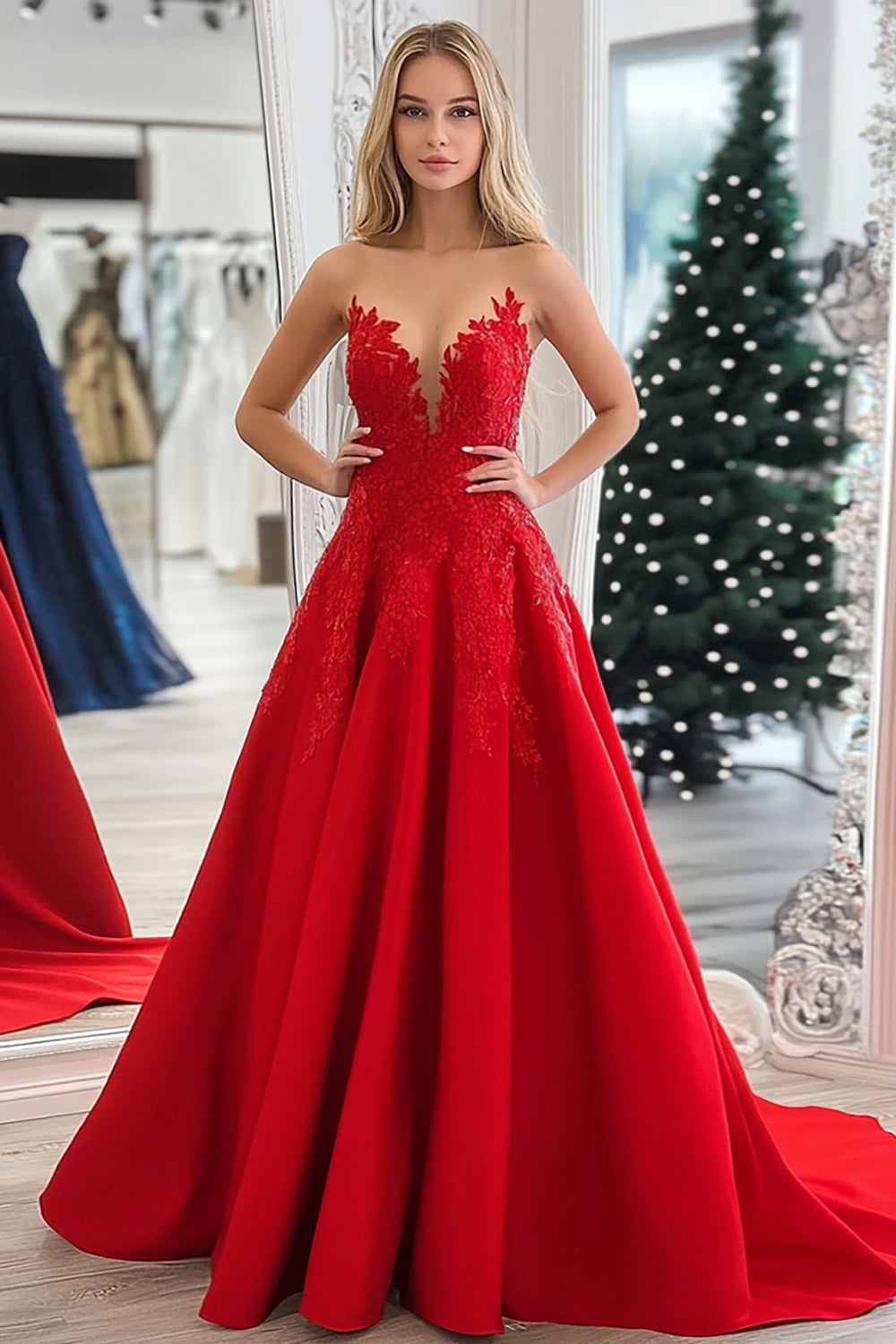 Long Strapless Red Prom Dress in A-Line Style with Sequined Appliques