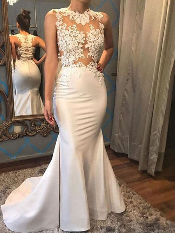 Exquisite Trumpet Lace Sleeveless Satin Sweep Train Wedding Dresses