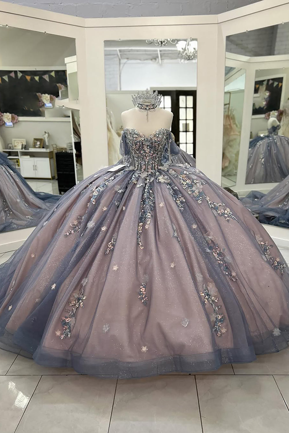 Grey Blue Sparkling Off-the-Shoulder Appliqued Quinceanera Ball Gown with Train
