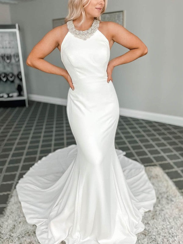 Deluxe Halter Sleeveless Stretch Satin Mermaid Chapel Train Wedding Dresses