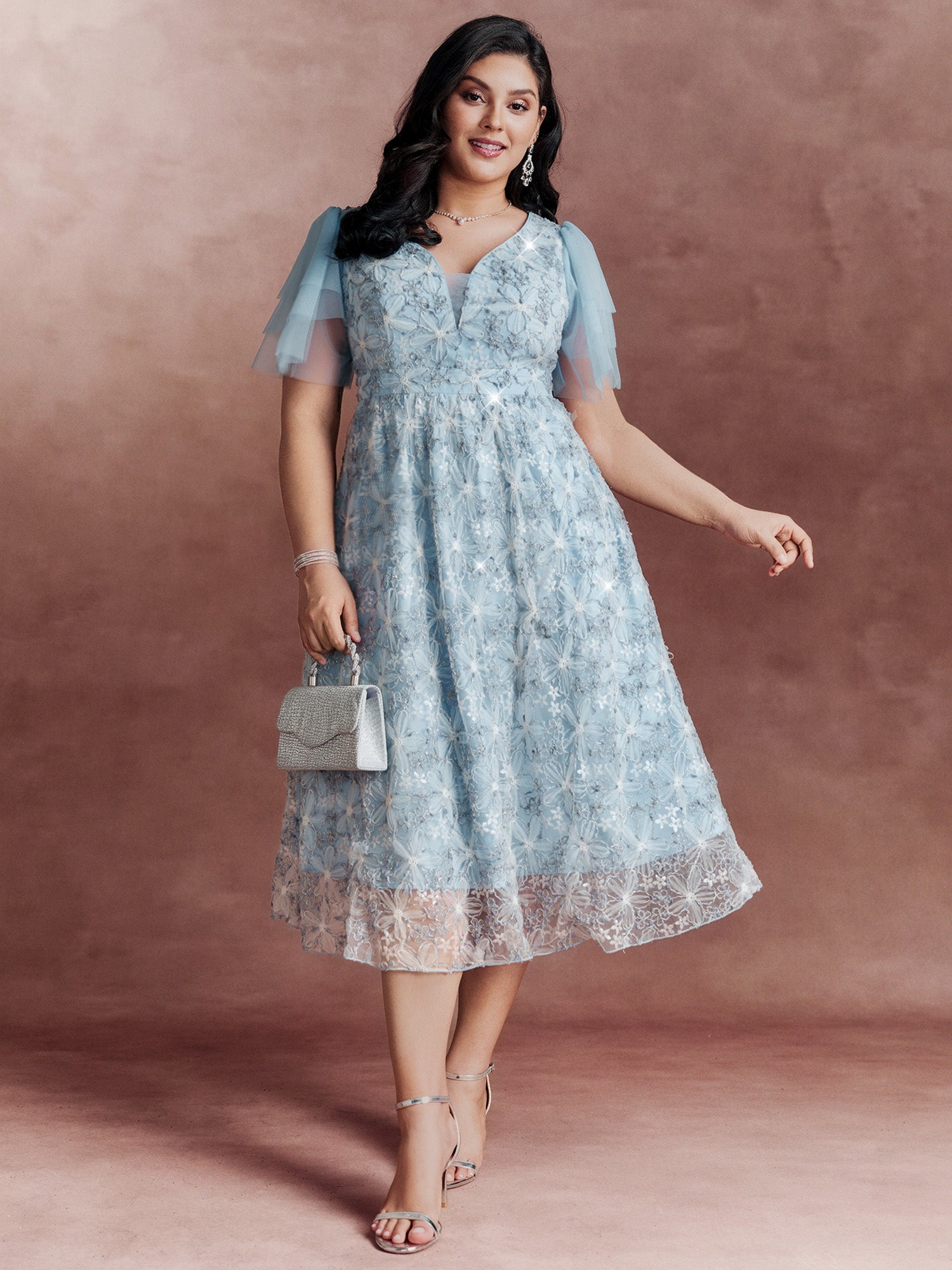Floral Mesh Embroidered Lotus Leaf Sleeve Midi Dress