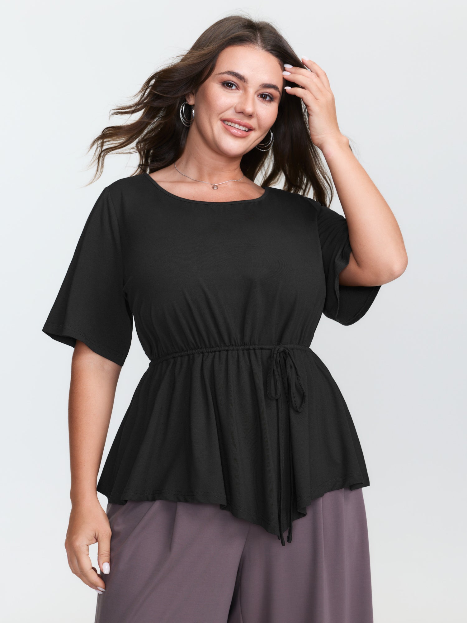 Asymmetrical Hem Waist-Tie Knit Top