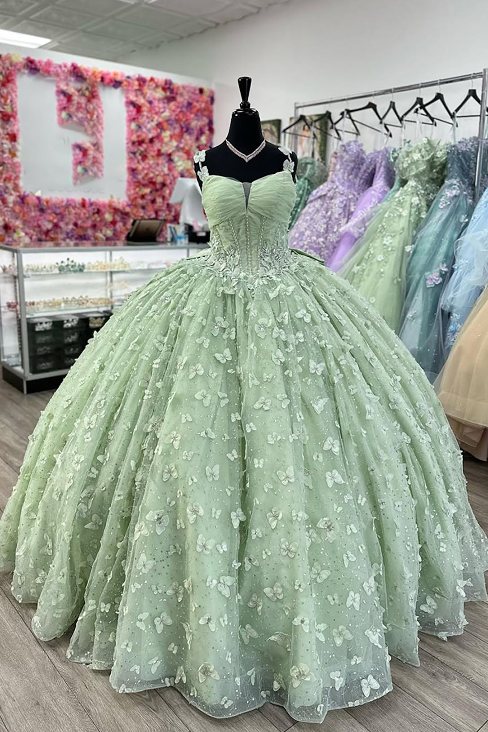 Princess Quinceanera Corset Dress in Sage with Tulle and Spaghetti Straps Applique