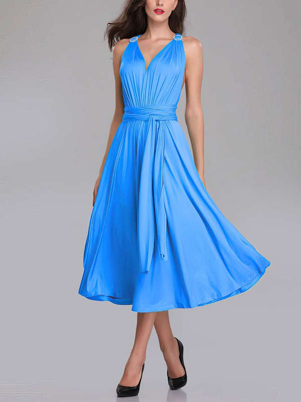 Deluxe Tea-Length Sleeveless A-Line V-Neck Bridesmaid Dresses with Sash