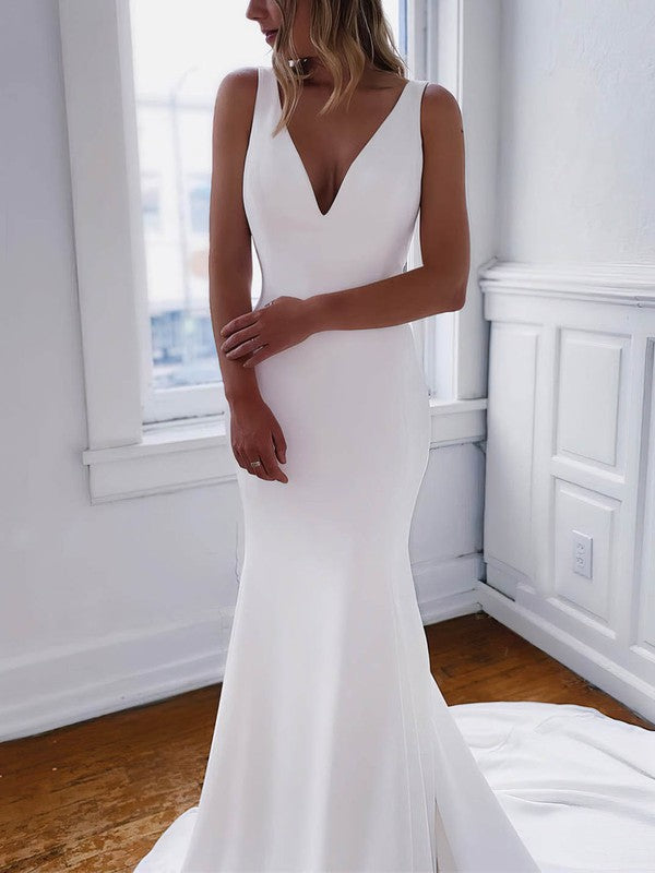 Sexy Mermaid V-Neck Straps Stretch Satin Wedding Dresses with Chapel Train
