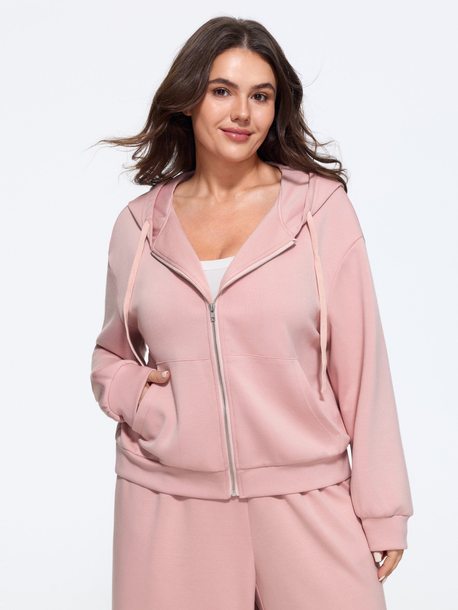 Stretch Kangaroo Pocket Drawstring Zipper Hoodie