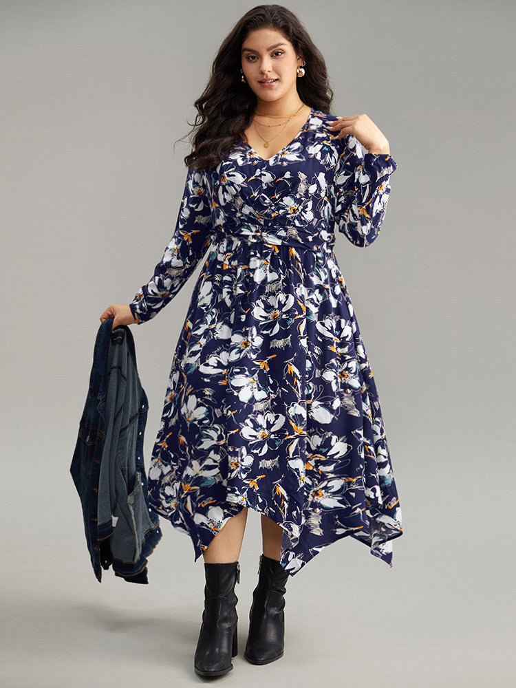 Floral Print Ruched Plicated Detail Dress