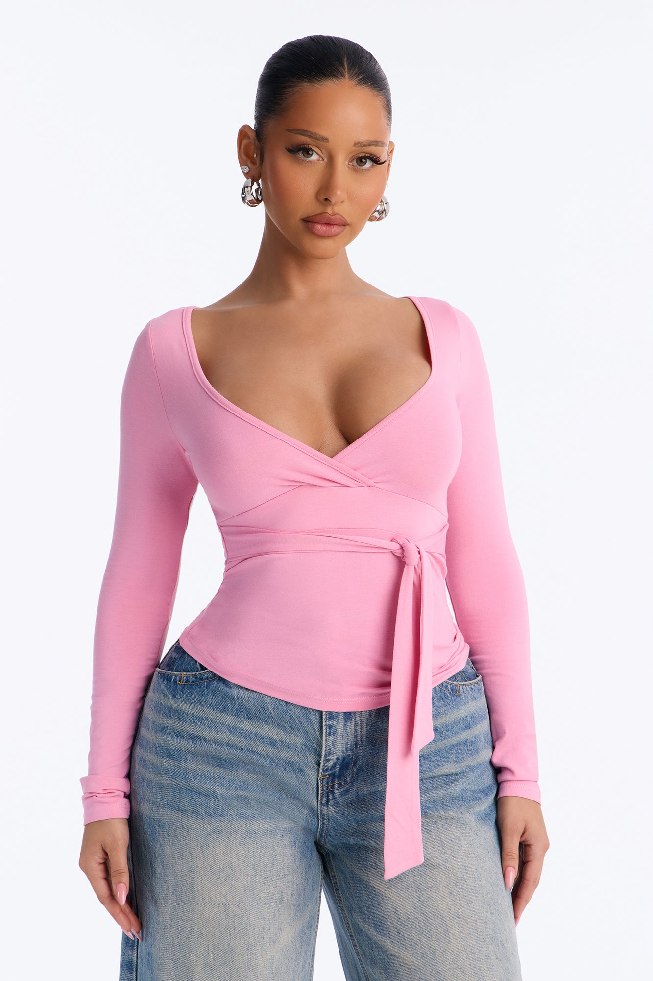 Chrissy Plunge Wrap Long Sleeve Top - Light Pink