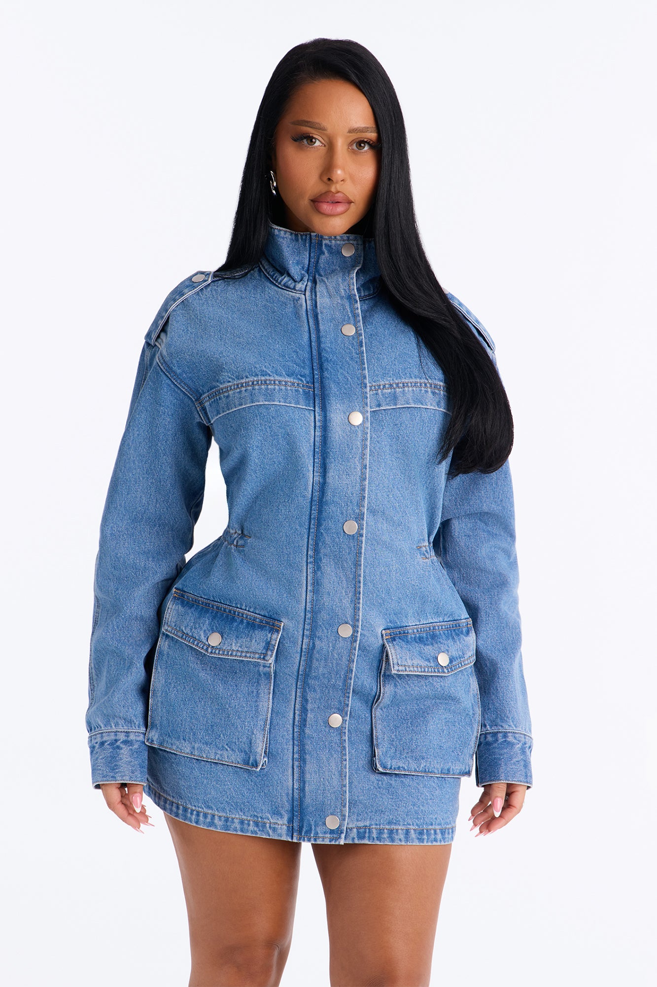 Uptown Denim Funnel Neck Mini Dress - Medium Wash
