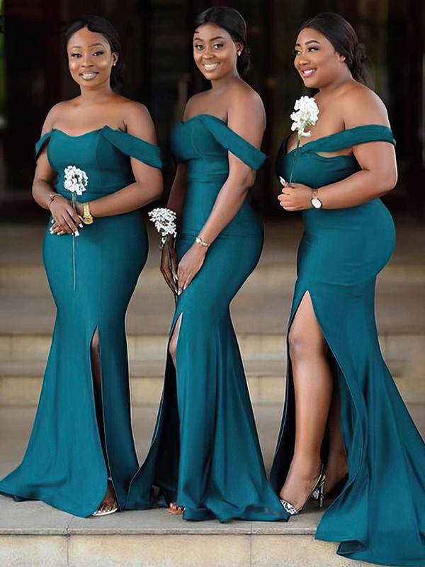 Sexy Sweep Train Off-The-Shoulder Mermaid Bridesmaid Dresses with Split