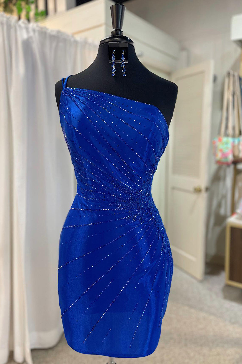 Sparkly Royal Blue Sequined One Shoulder Tight Short Homecoming Dress/Mini Dress with Appliques
