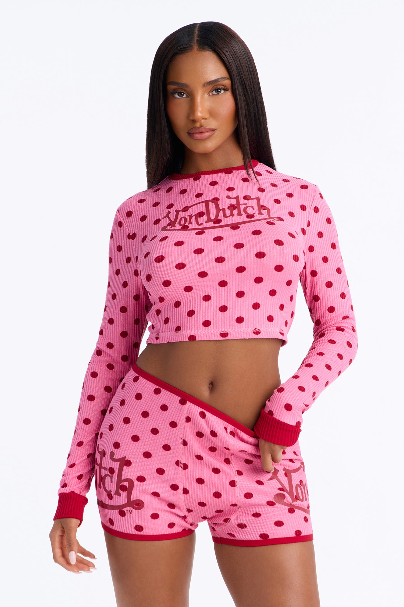 Von Dutch Ribbed Long Sleeve PJ Short Set - Pink/combo
