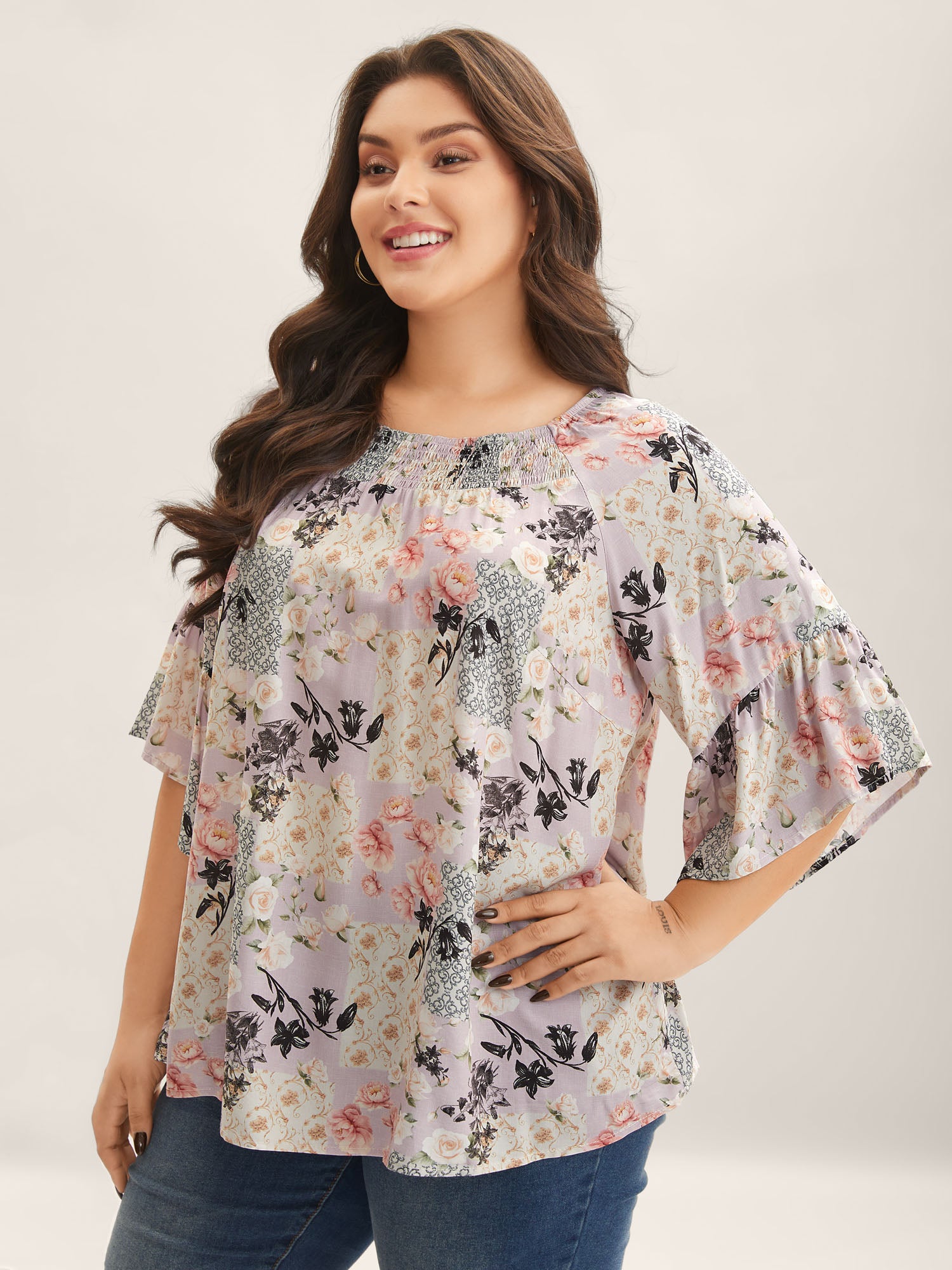 Floral Shirred Neck Flowy Blouse