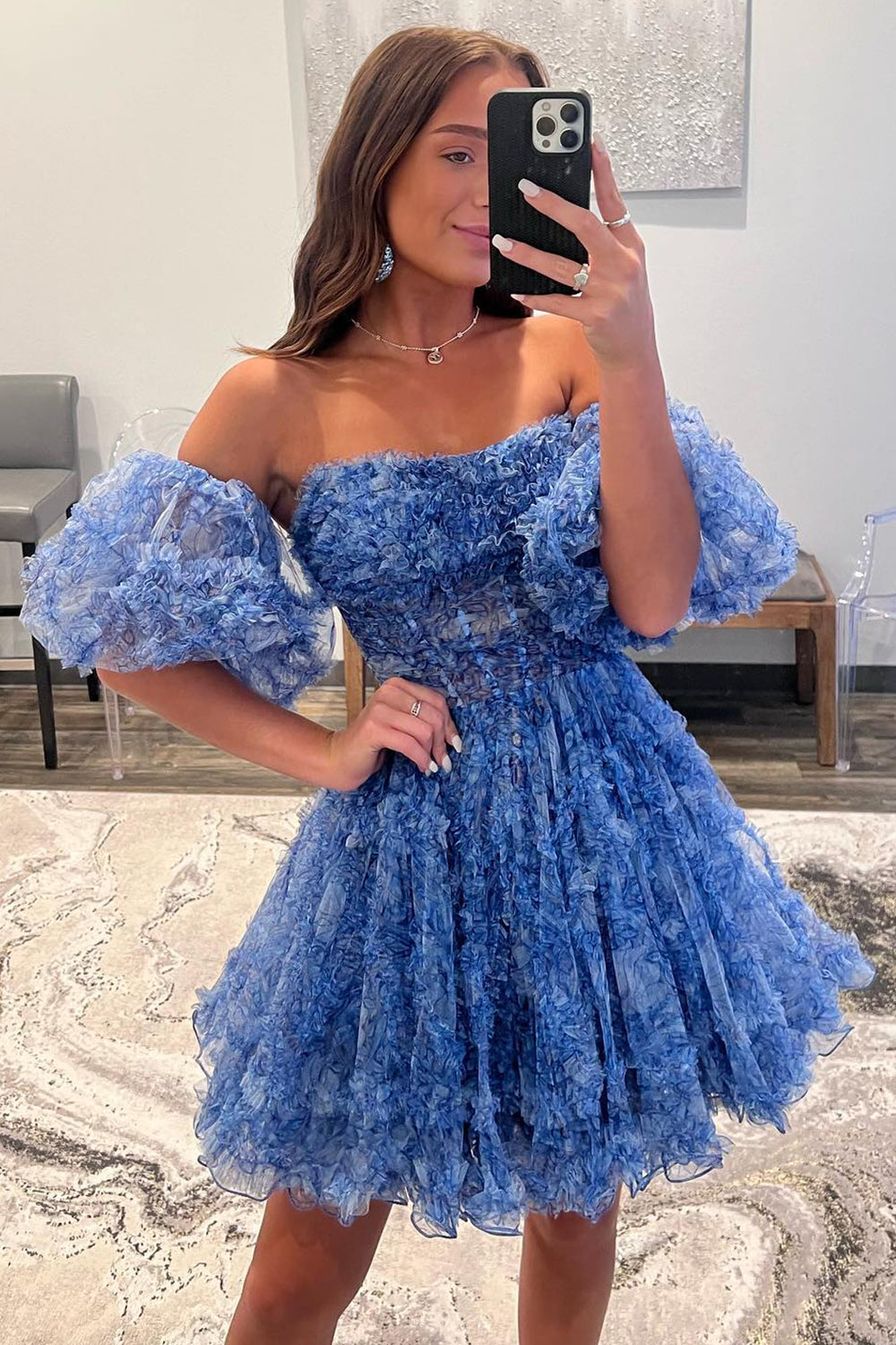 Blue Printed Detachable Sleeves Ruffled Short Homecoming Dress/Mini Dress