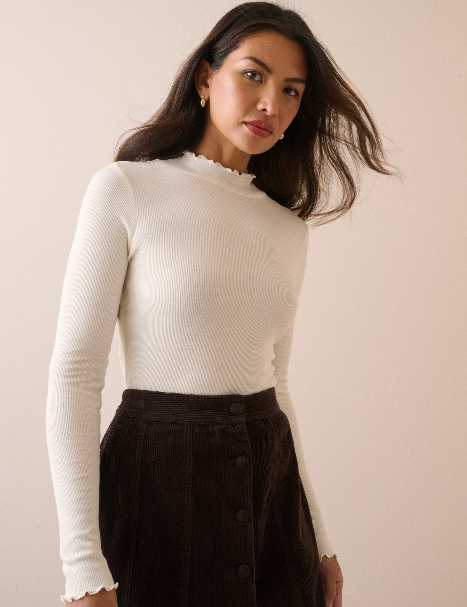 Cream High Neck Frill Long Sleeve Top