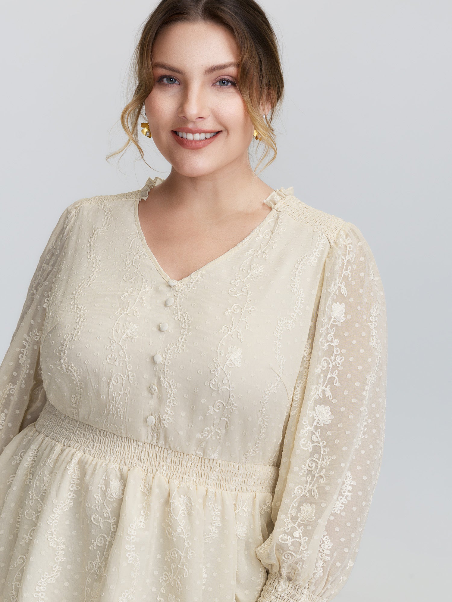 Floral Embroidery Shirred Waist Blouse
