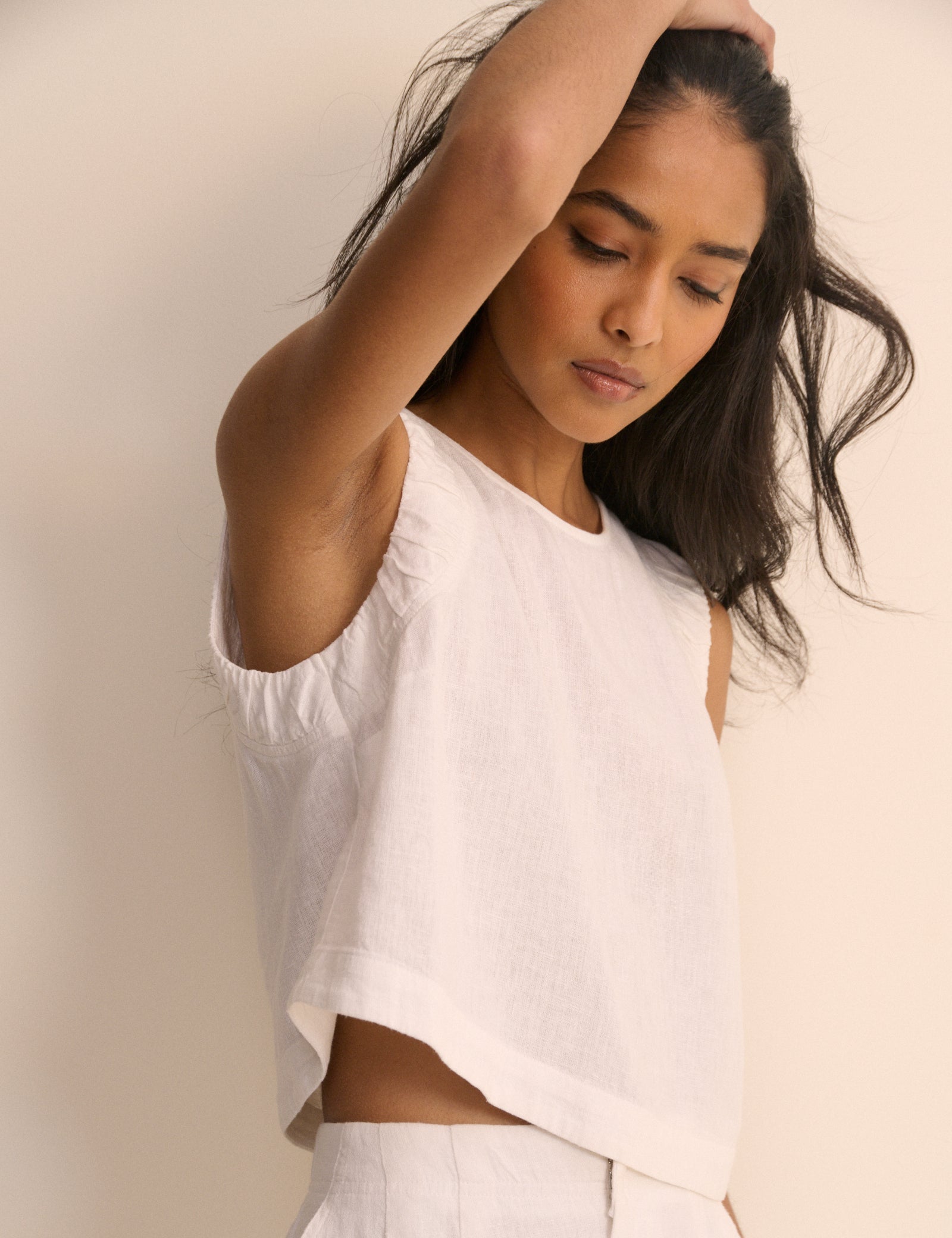 White Linen-Rich Ruched Tank
