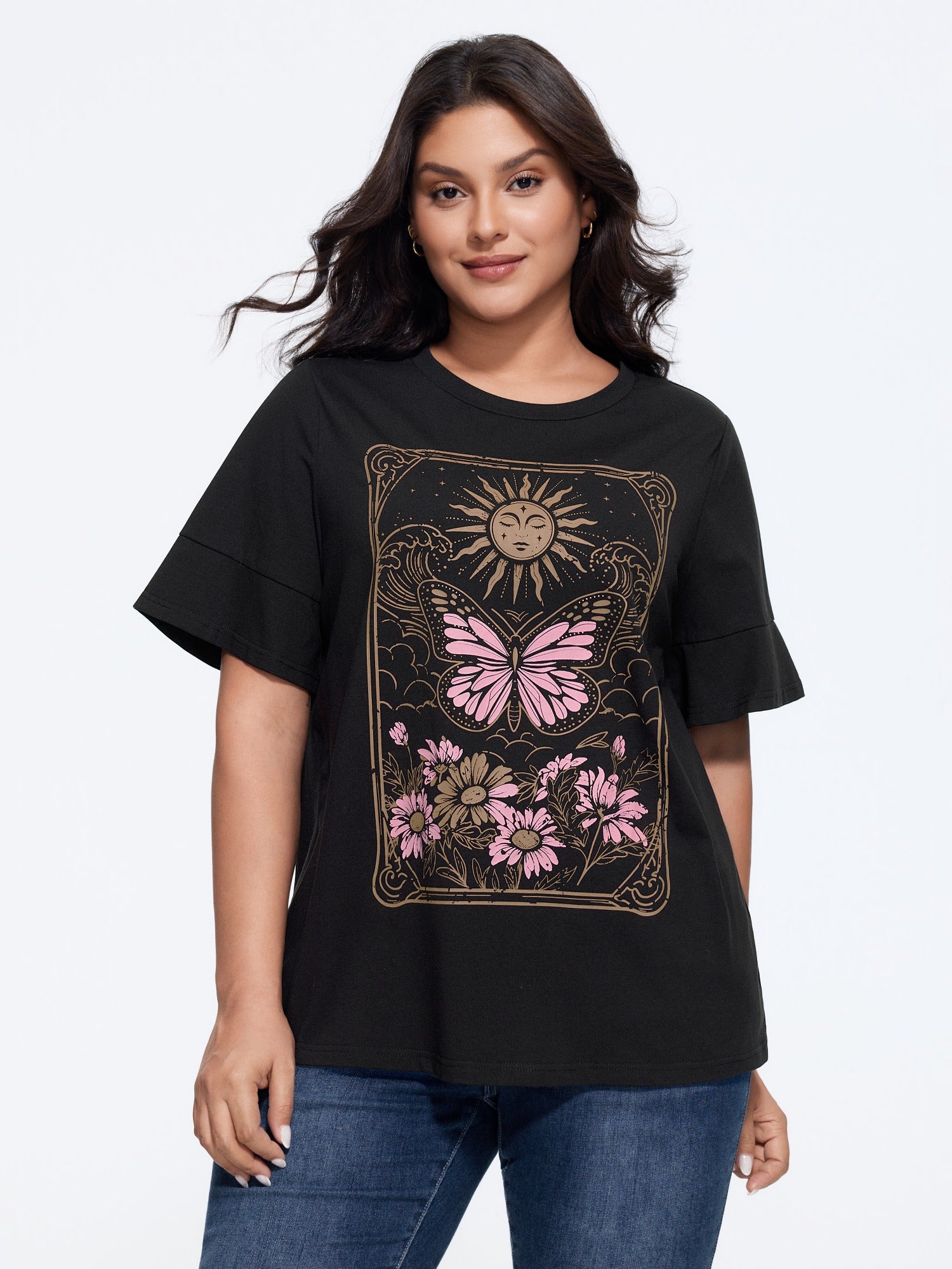 Cotton Sunkissed Floral Print Flared Sleeve T-Shirt
