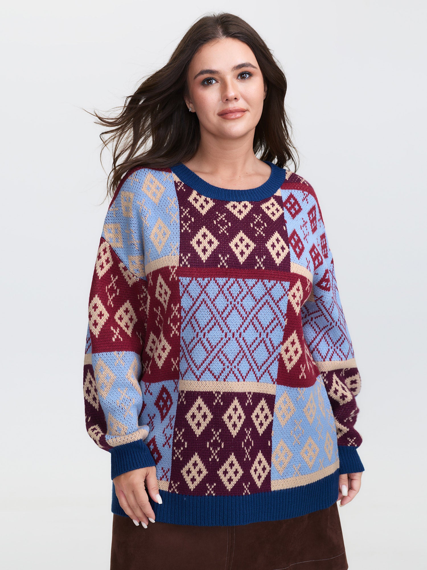 Retro Pattern Jacquard Color Block Pullover
