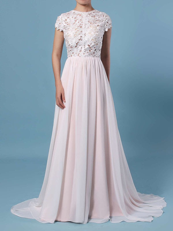 Exquisite A-Line Short Sleeves Lace Chiffon Sweep Train Wedding Dresses