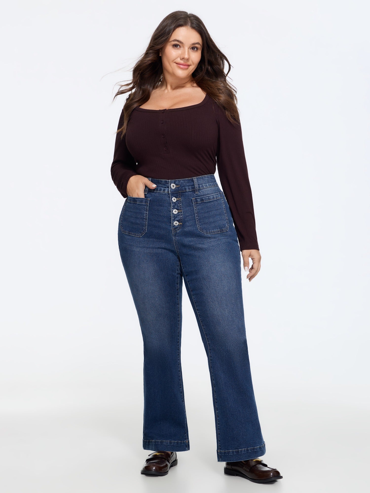 Stretch Retro Button Front Patch Pocket Jeans