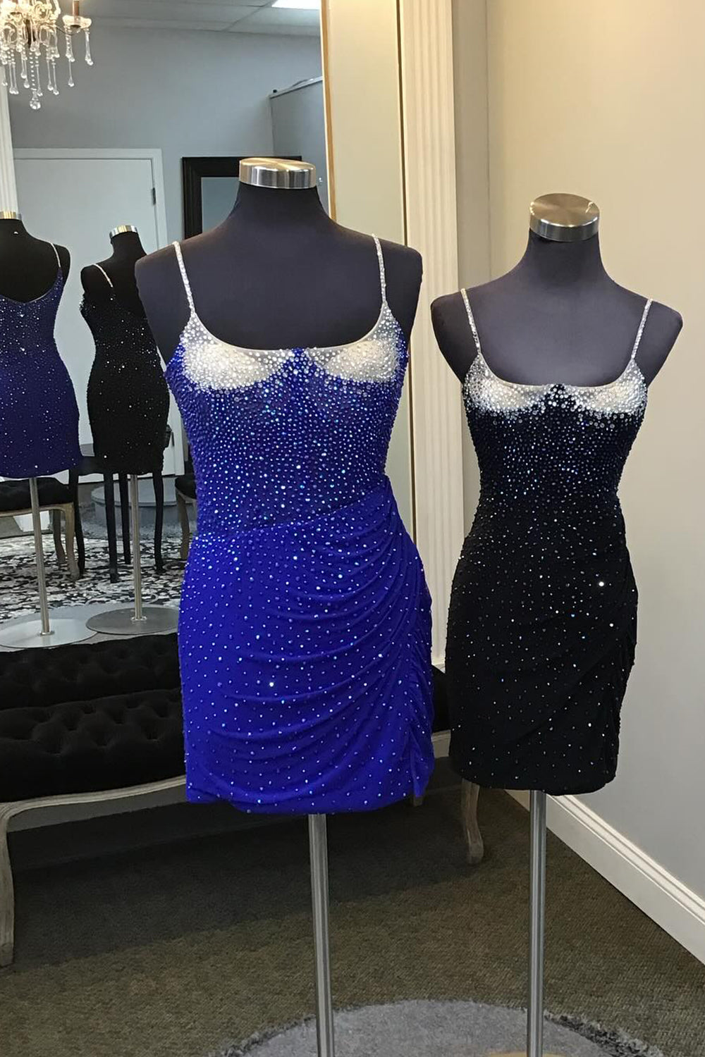 Glitter Royal Blue Spaghetti Straps Tight Short Homecoming Dress/Mini Dress With Beadings