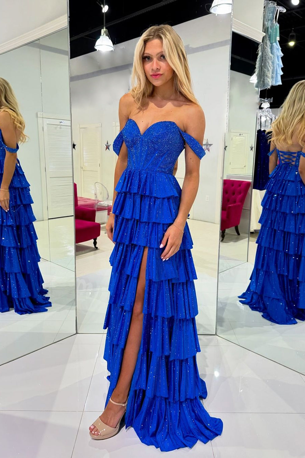 Royal Blue Glitter Off-Shoulder Tiered A-Line Corset Prom Dress with Beading