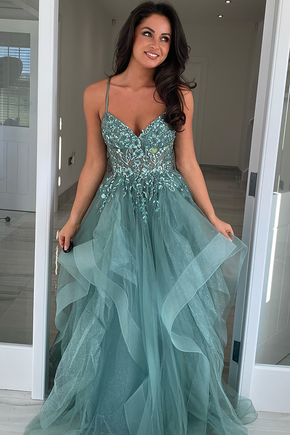 Long A-Line Corset Prom Dress in Grey Green with Spaghetti Straps Tulle Tiers and Appliques