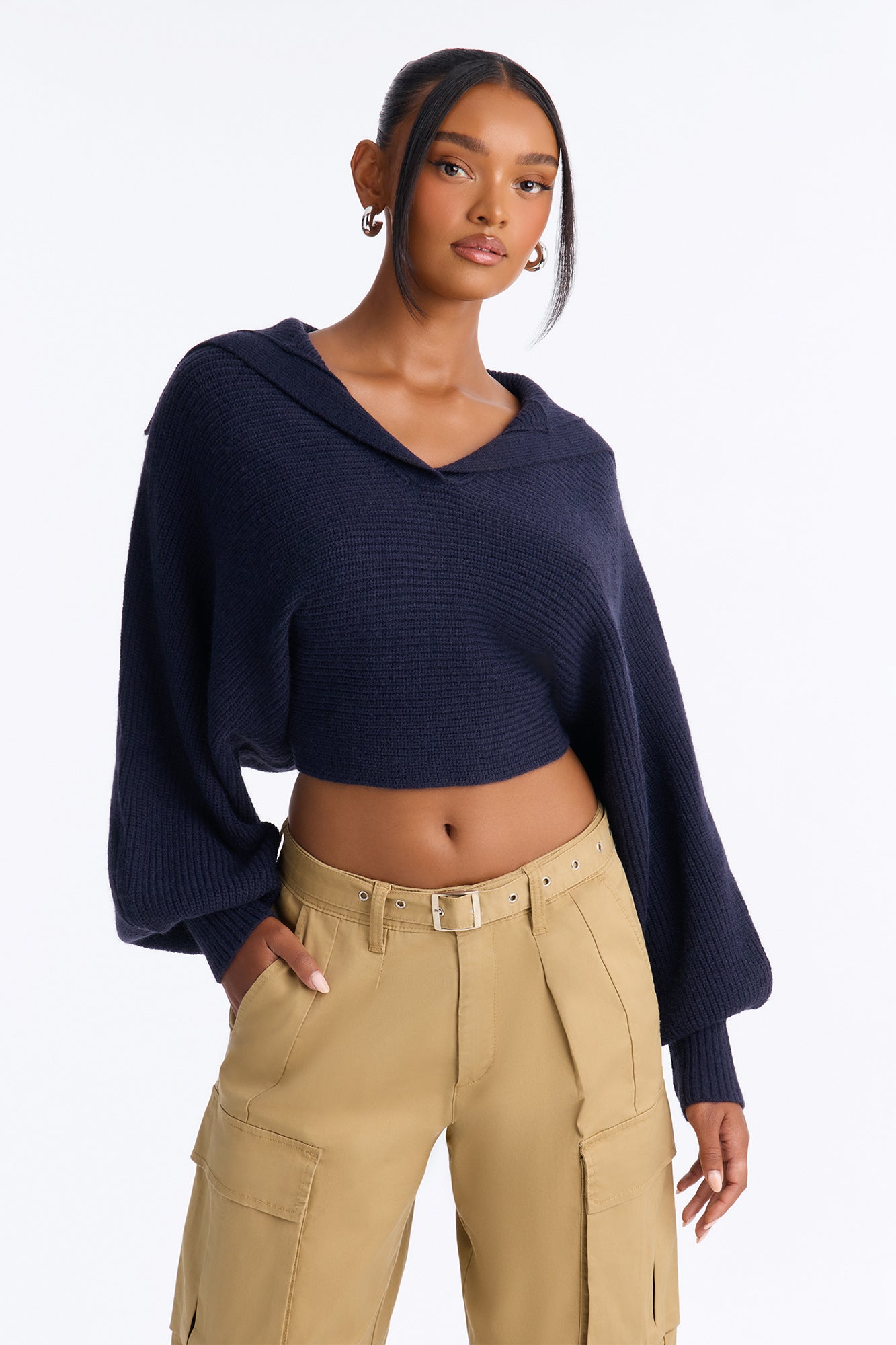 Mellow Breeze Pullover Collared Sweater - Navy