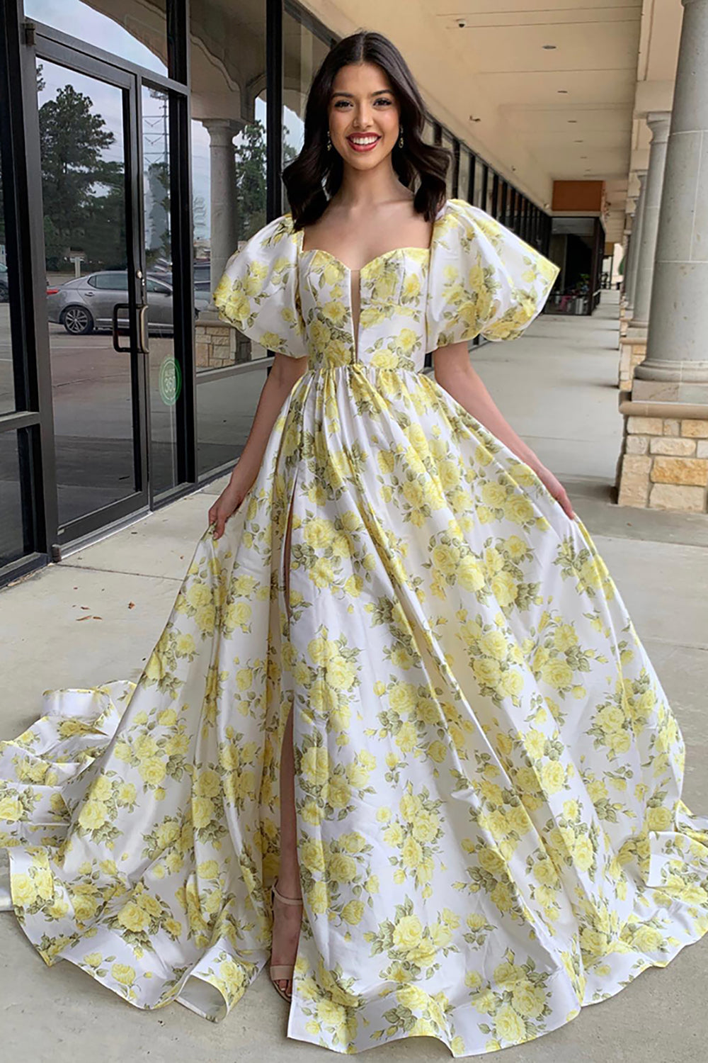 Long Prom Dress in Yellow Princess Satin with Floral Print Square Neck and Puff Sleeves