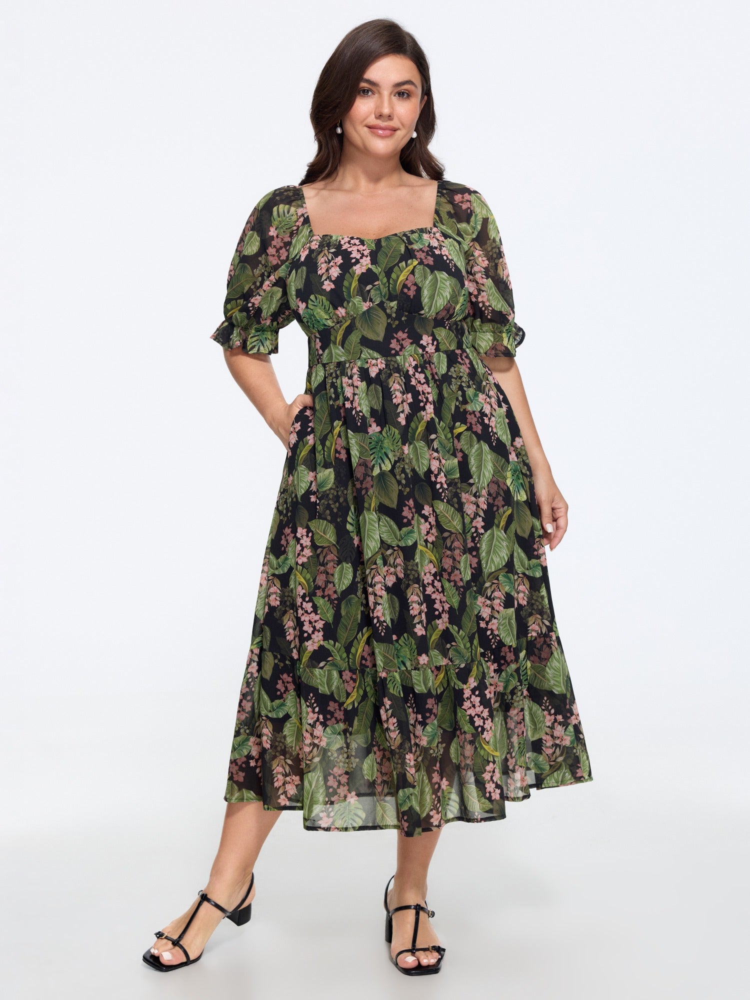 Tropical Floral Print Square Neck Tiered Midi Dress