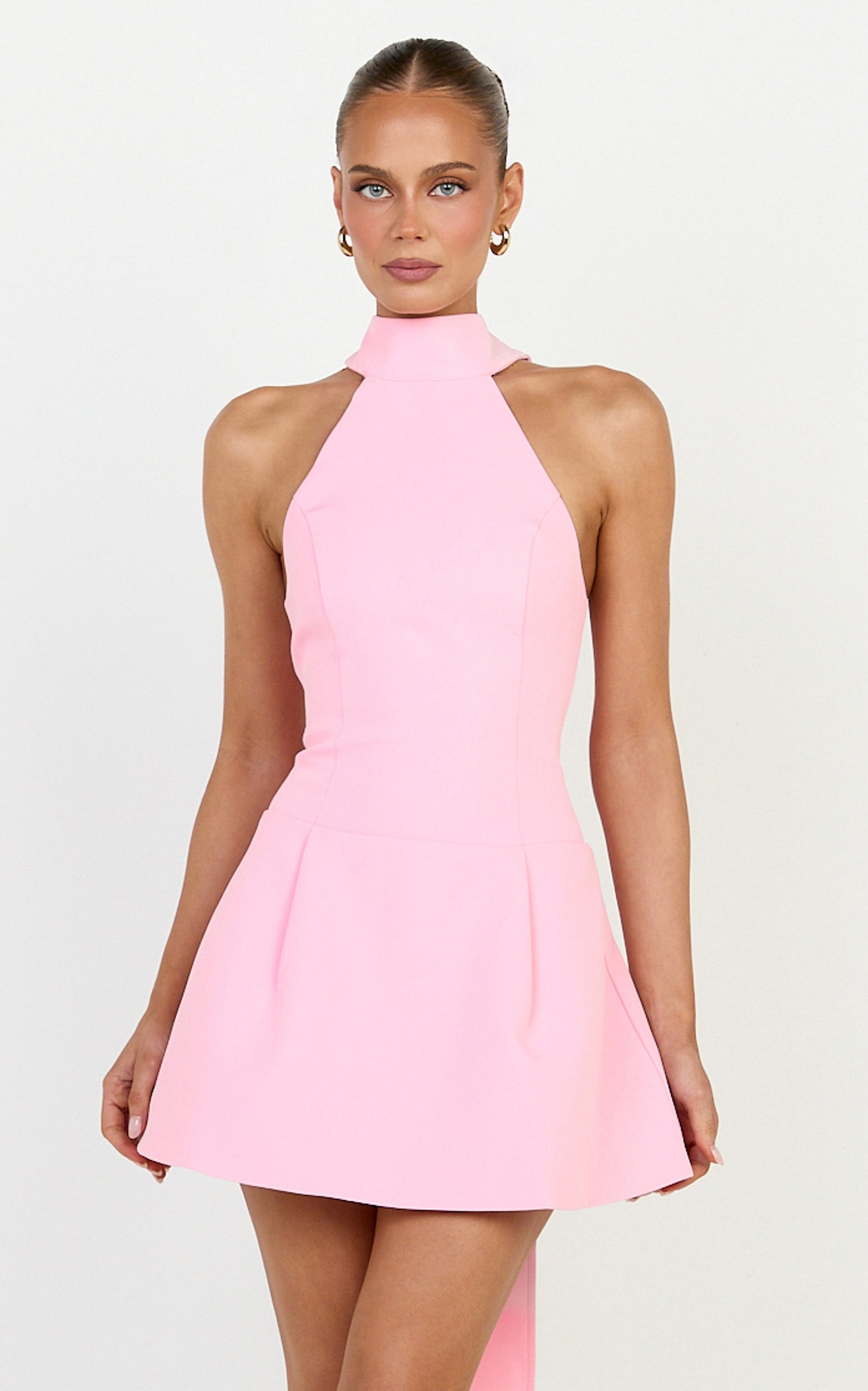 Helia Mini Dress - High Halter Neck Scarf Detail A Line Dress in Pink