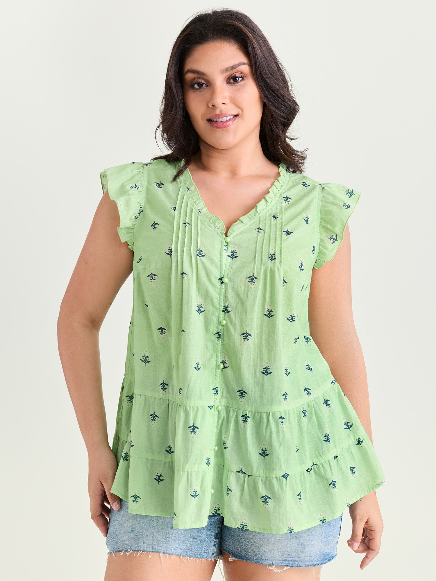 Cotton Anchor Print Lace Ruffled Sleeve Blouse