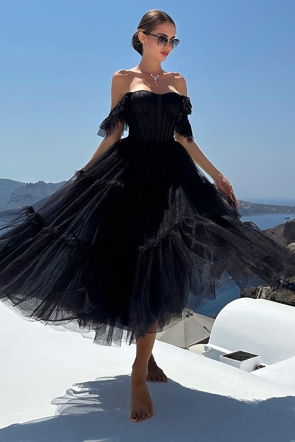 Black A-Line Corset Ruffled Tulle Homecoming Dress/Mini Dress