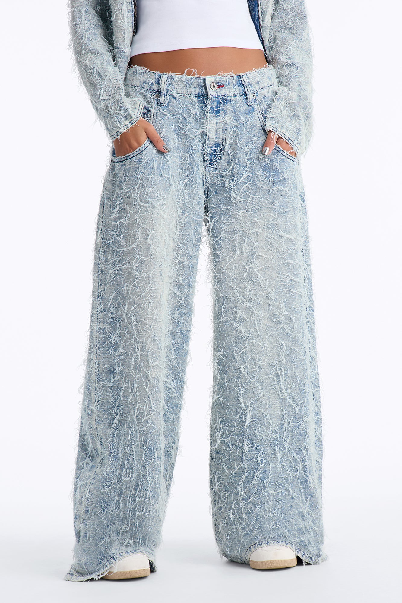 Fiammetta Textured Baggy Wide Leg Jeans - Light Blue Wash