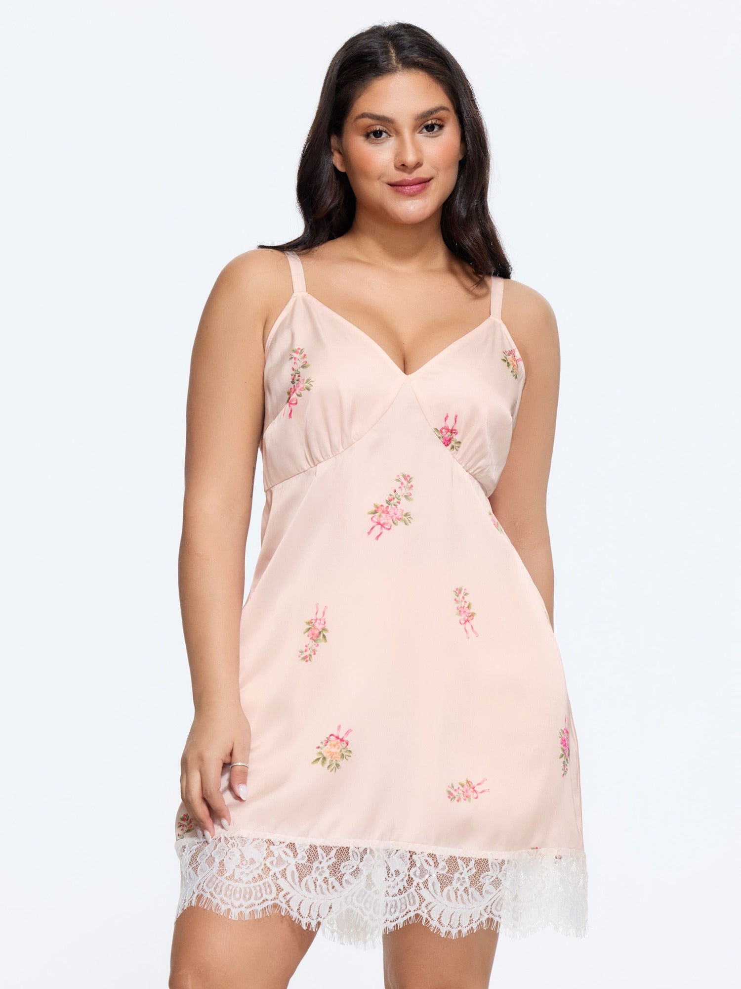 Floral Embroidery Lace Trim Satin Slip Nightgown