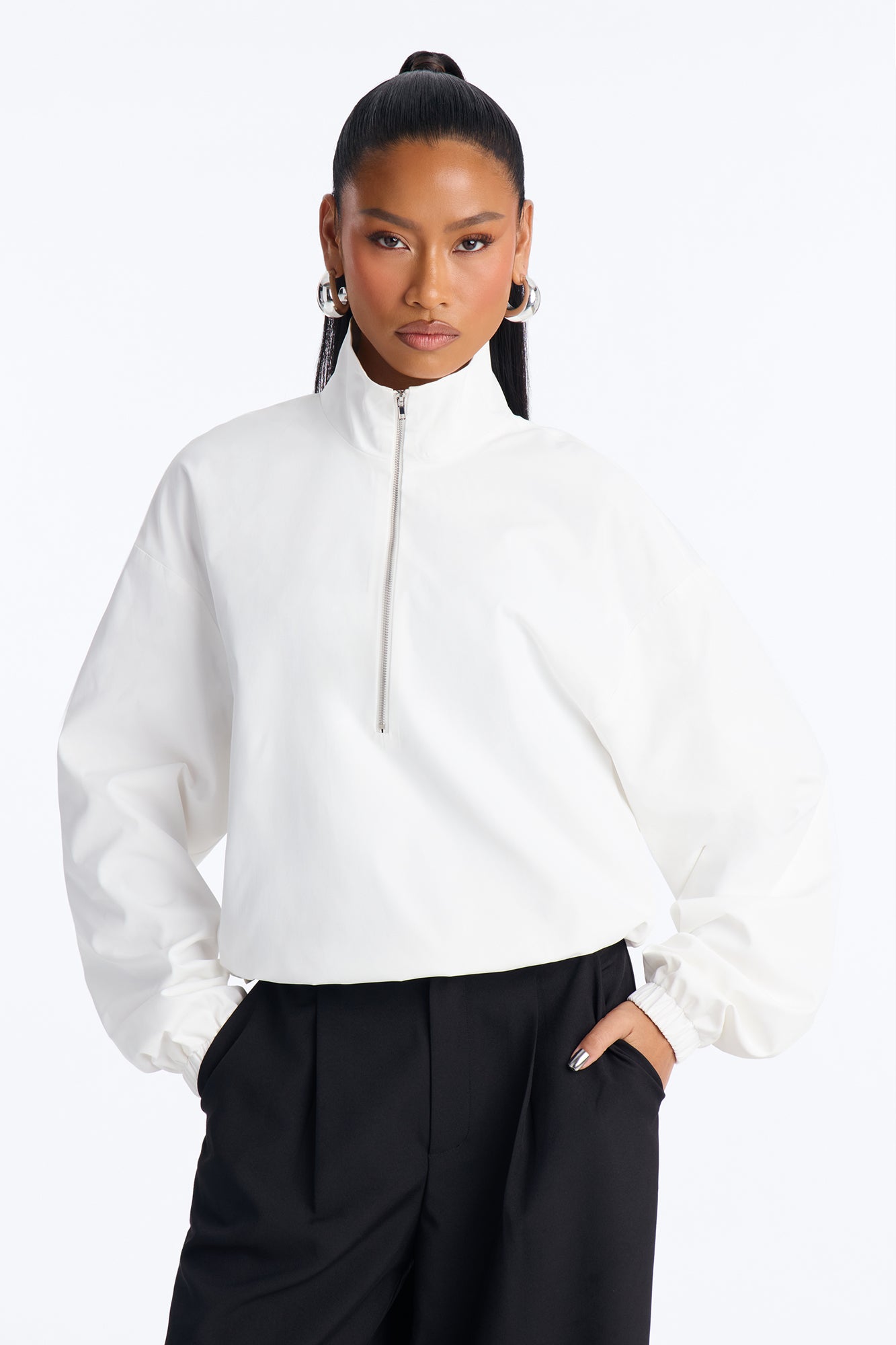 Marlena Funnel Neck Pullover Blouse - White