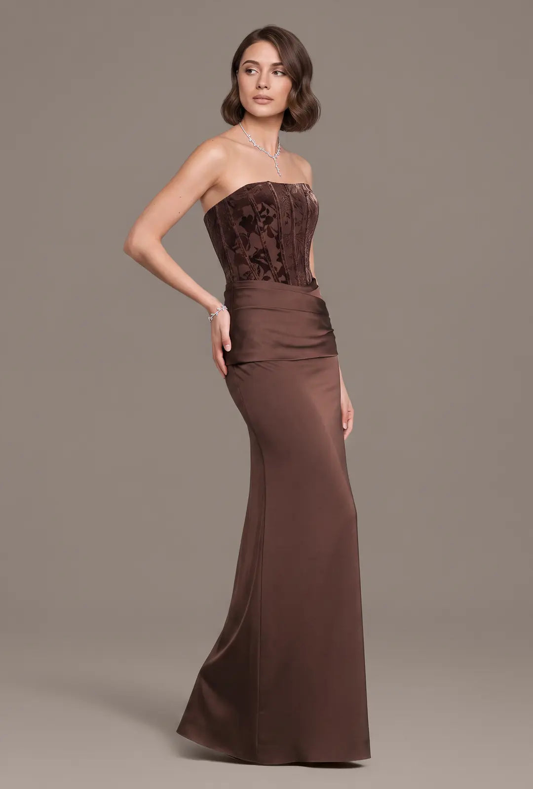 Velvet and Matte Satin Strapless Sheath Dress