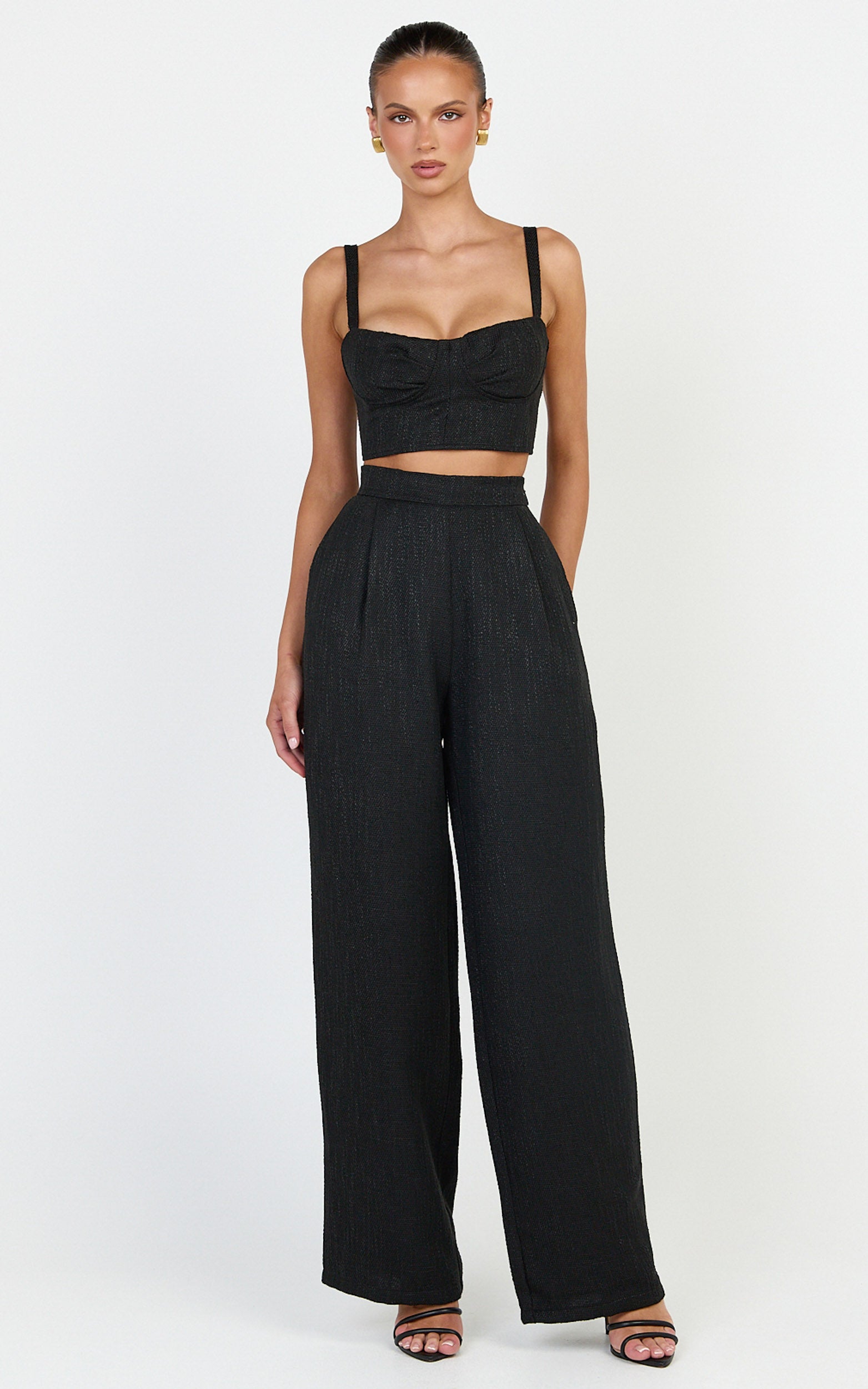Sylvia Two Piece Set - Corset Top and High Waisted Wide Leg Pants Set in Black