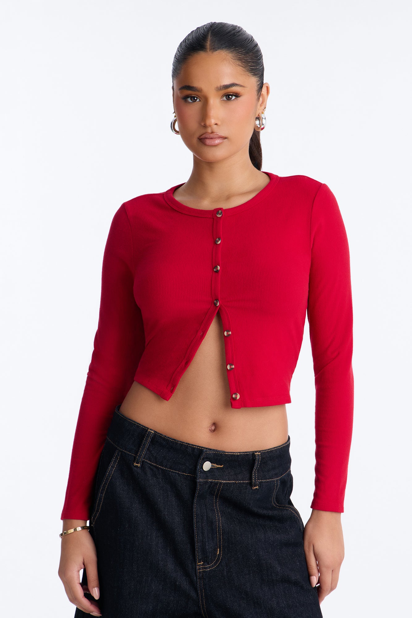 Caroline Ribbed Button Front Long Sleeve Knit Top - DarkRed