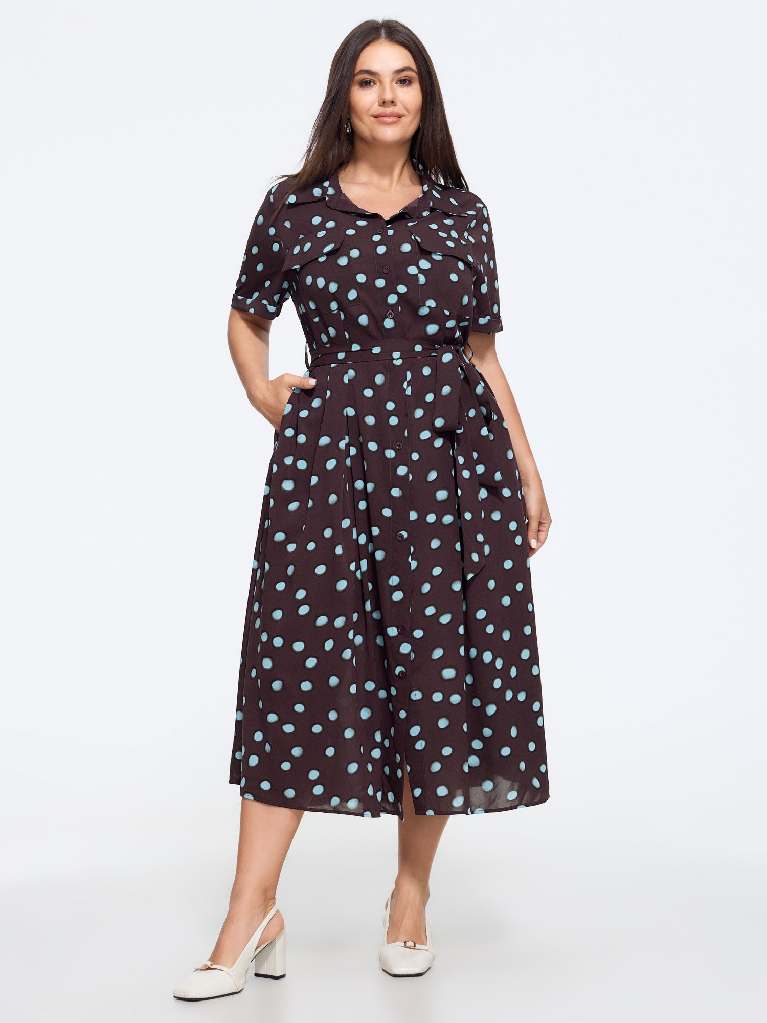 Polka Dot Print Button‑Front Waist Tie Midi Dress