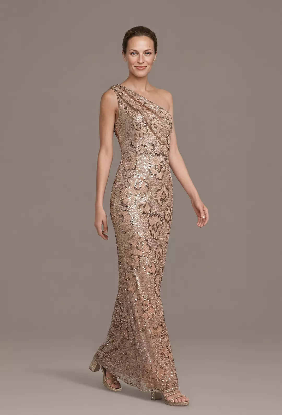 One-Shoulder Floral Sequin Sheath Dress