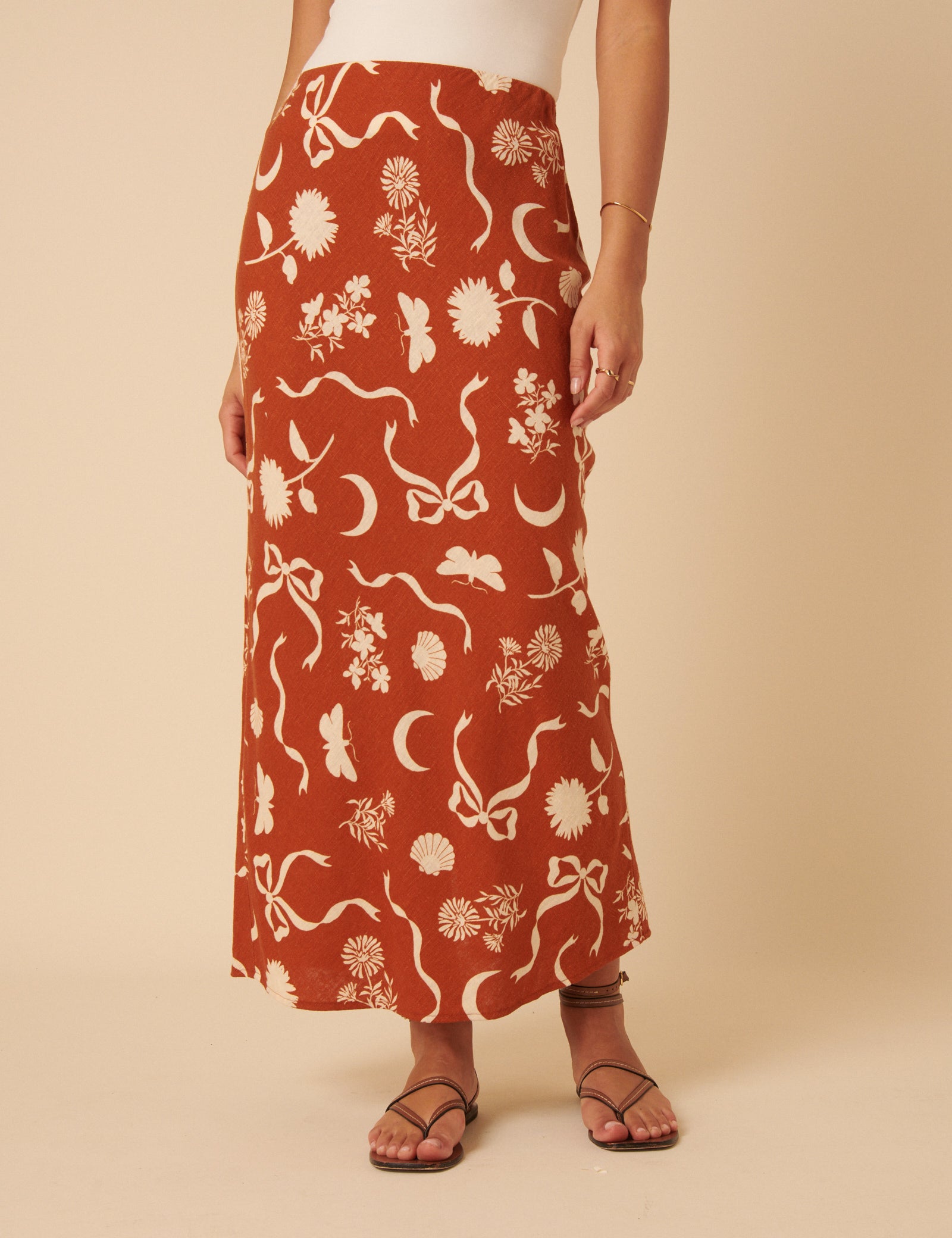 Brown Printed Linen-Rich Midi Skirt