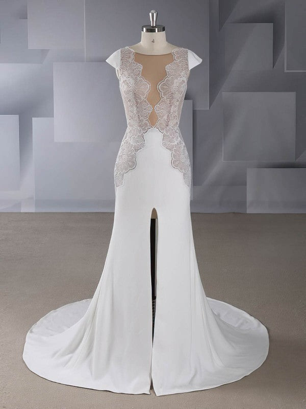Sexy Sweep Train Mermaid Cap Sleeves Stretch Satin Wedding Dresses with Split