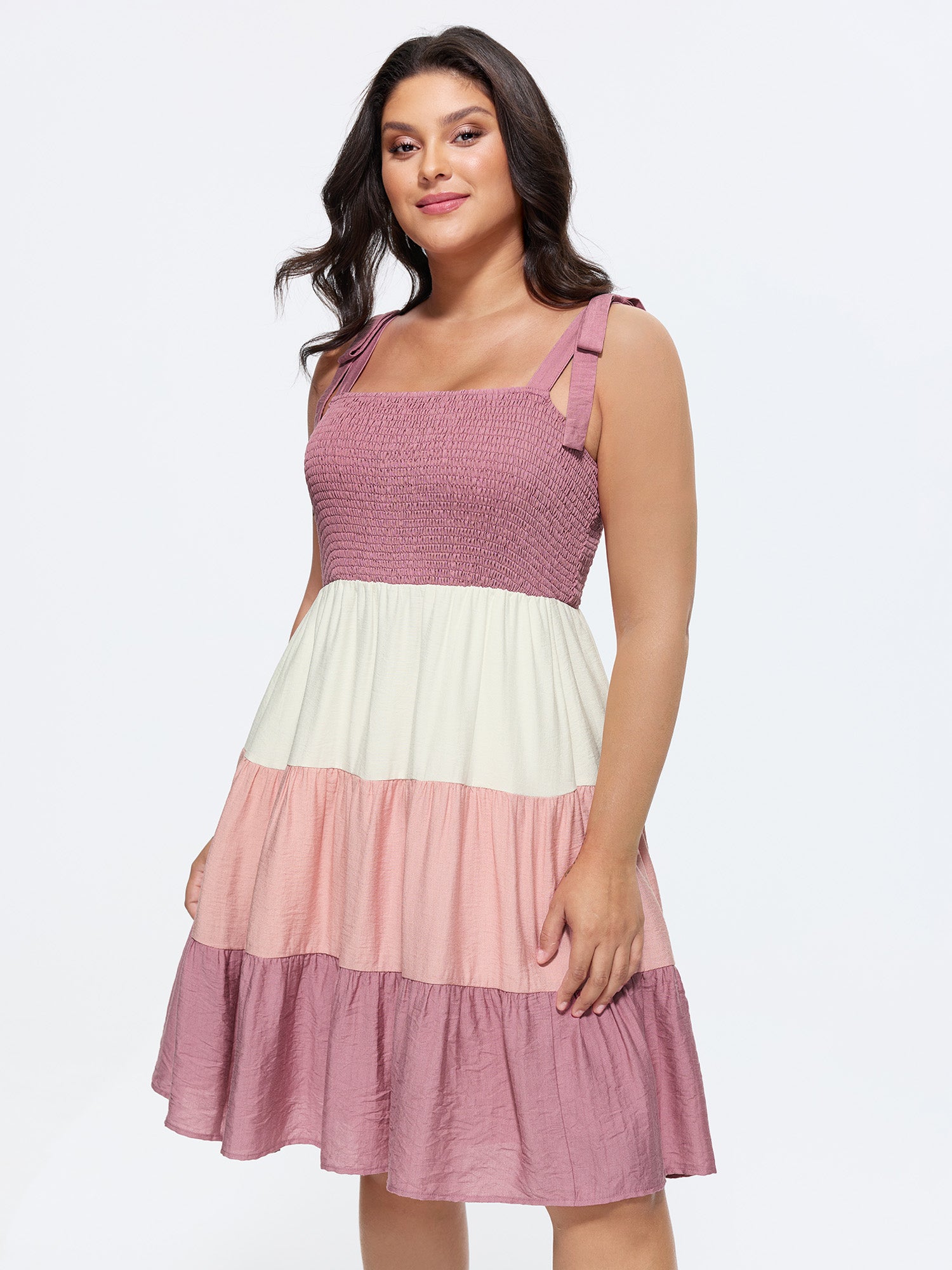 Colorblock Shirred Bodice Tiered Mini Dress