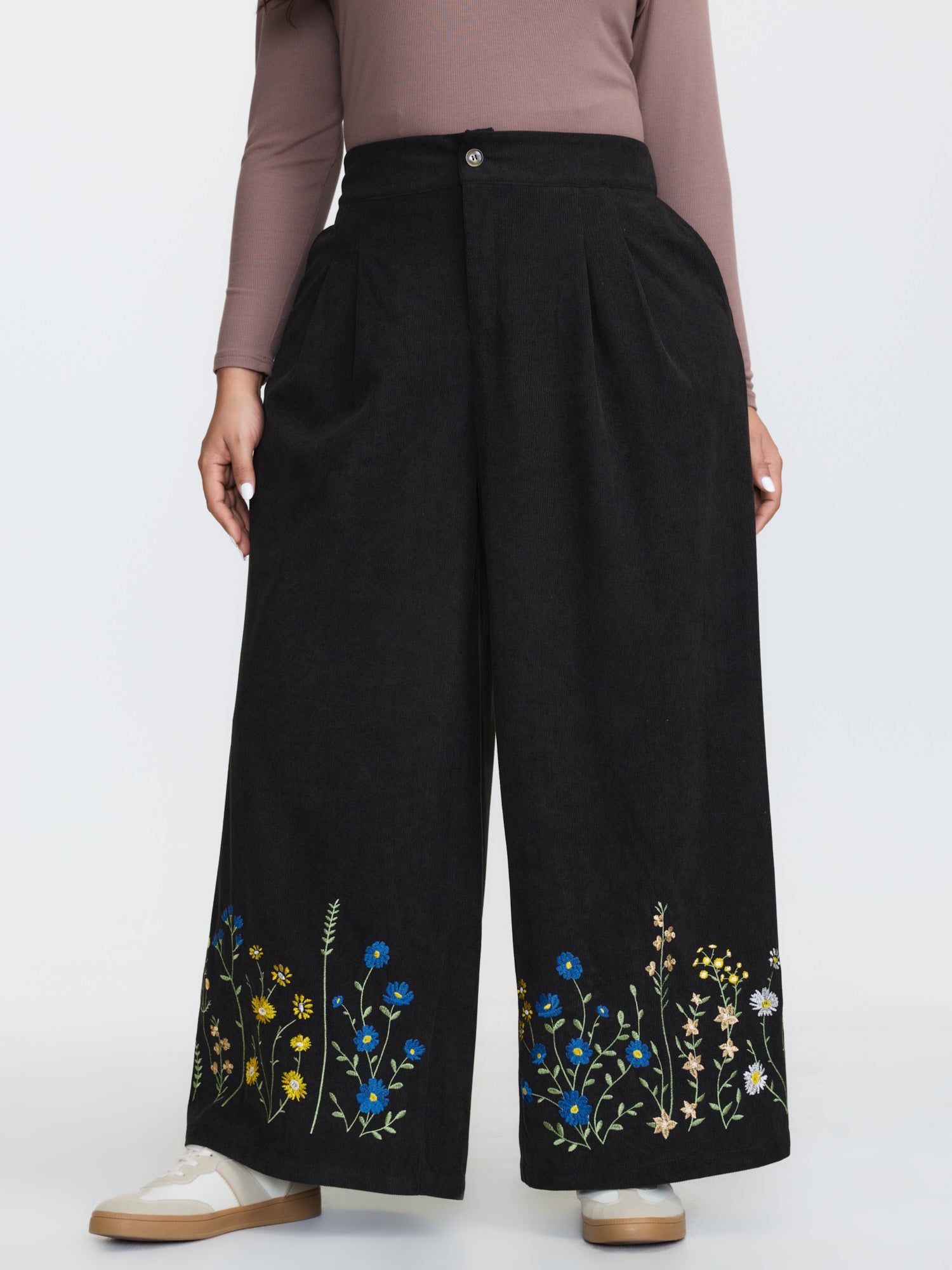 Corduroy Floral Embroidered Hem Wide-Leg Pants