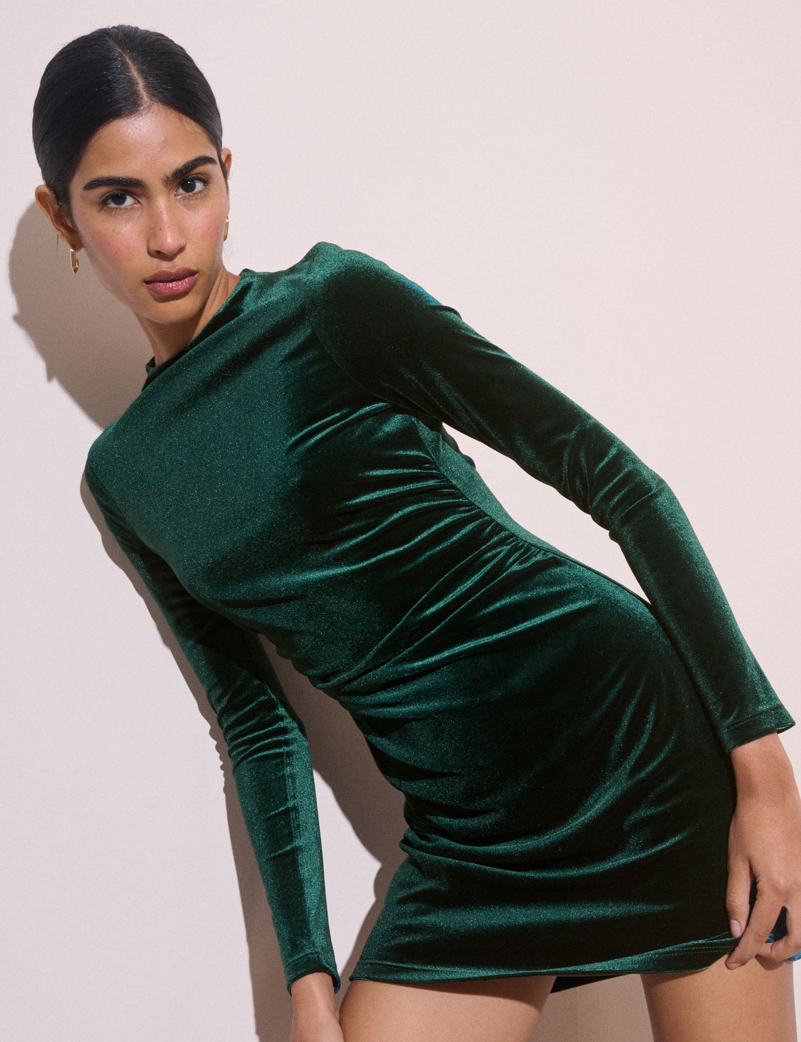 Emerald Green Long Sleeve Velvet Marilyn Mini Dress