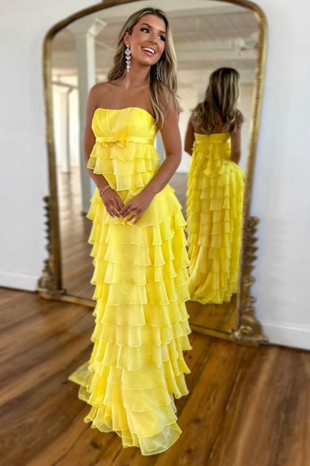 Long A-Line Chiffon Prom Dress with Ruffles and Corset in Yellow