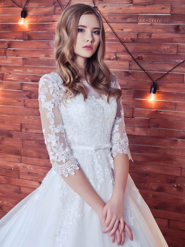 Chic 3//4 Long Sleeves Lace Sweep Train Wedding Dresses