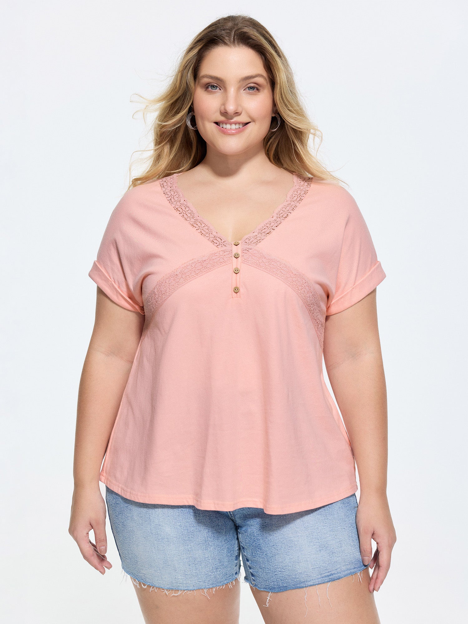 Cotton Lace Neckline Sheer T-Shirt